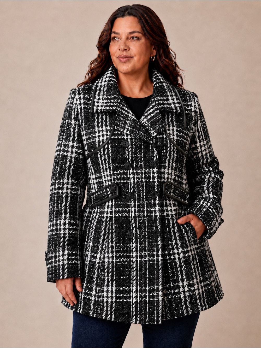 BCX Black and White Plaid Double-Breasted Peacoat with Adjustable Collar XL NWT